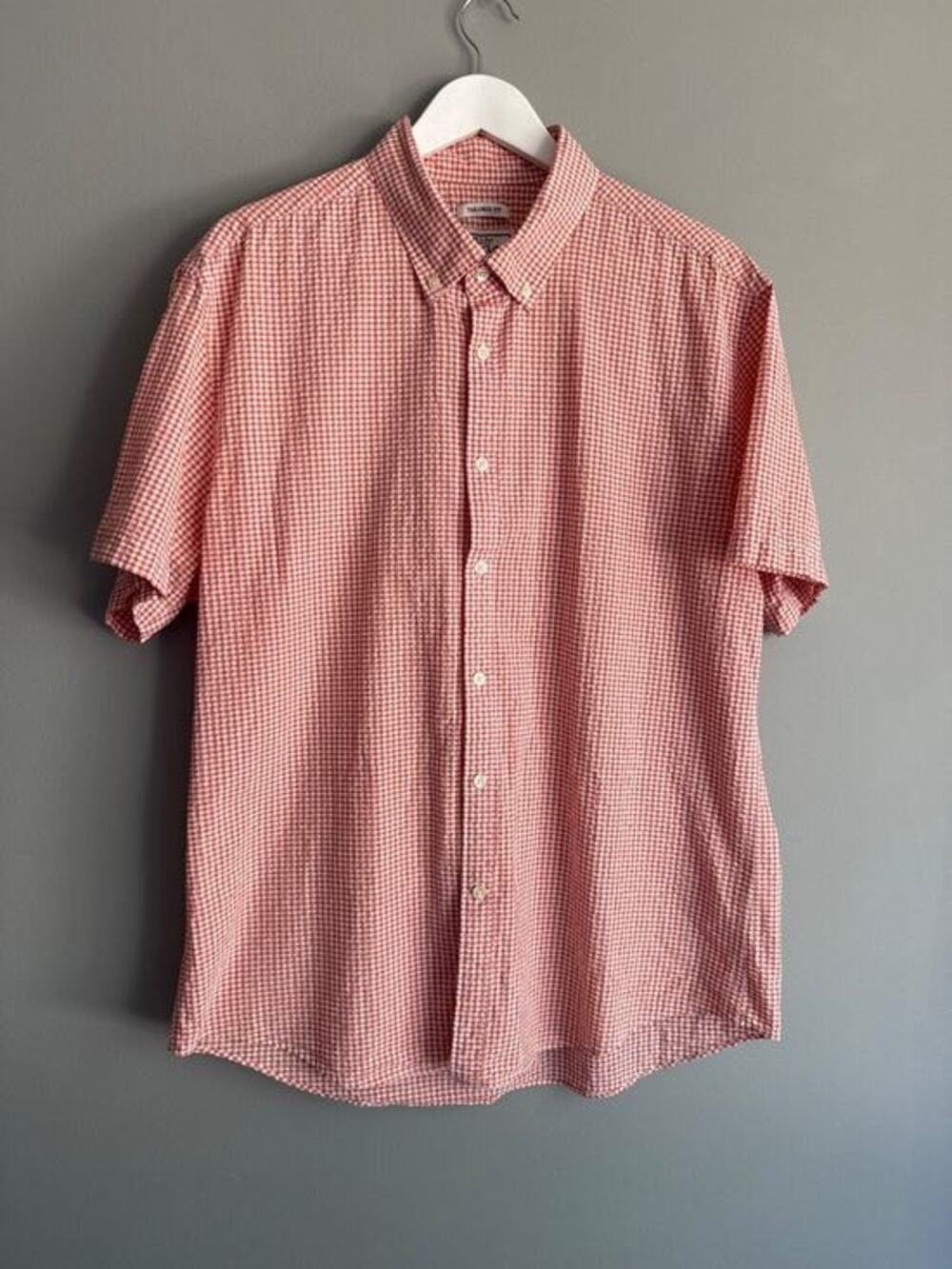JoS. A. Bank 1905 Men's XL Orange Gingham Seersucker Short Sleeve Shirt Preppy